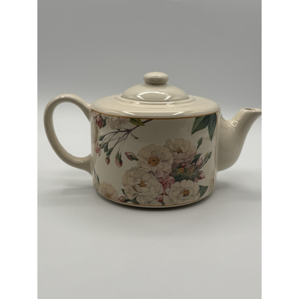 Vintage Hallmark Hawthorne Manor Floral Wild Roses Flat Top Teapot Gold Accents